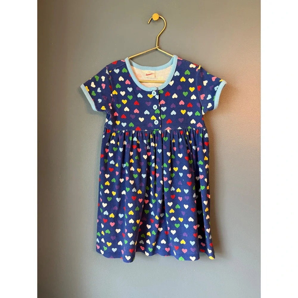 Hanna Andersson Girls Blue Multi Color Heart Print Cotton Rib Knit Dress‎ 110cm